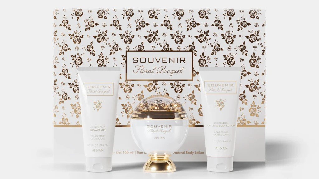 Souvenir Bouquet Kit x 3 - Afnan - Perfume 100 ML + Crema Corporal 100 ML. + Gel de Ducha x 100 ML.